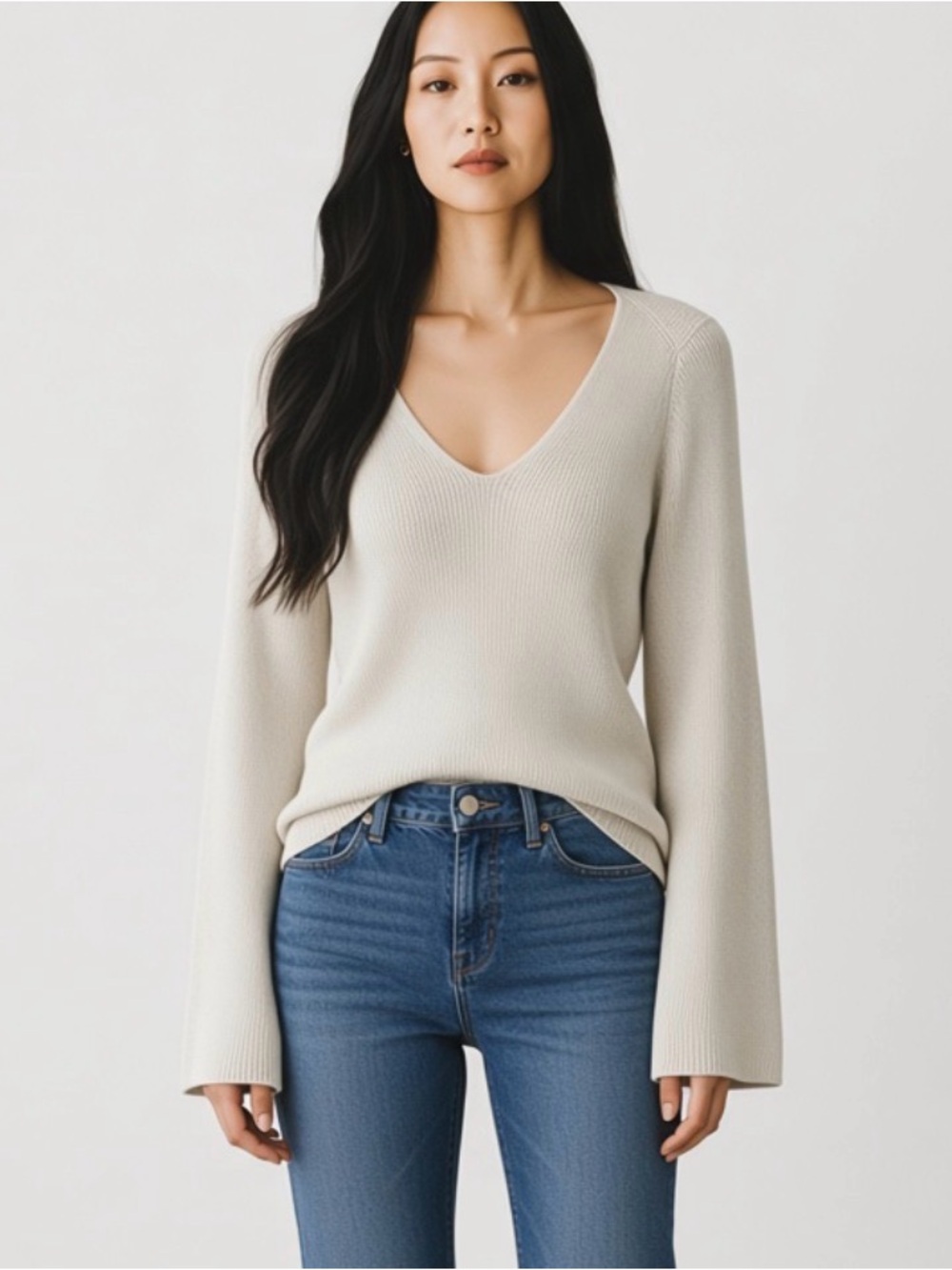 Madewell off white cream V-Neck heavy Knit Sweater blouse size small- Cream